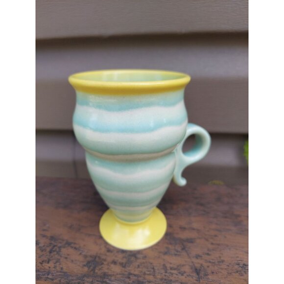 Eric Van Eimeren Pottery Footed Mug Green & White w/ Yellow Rim and Foot Helena, - Picture 1 of 4